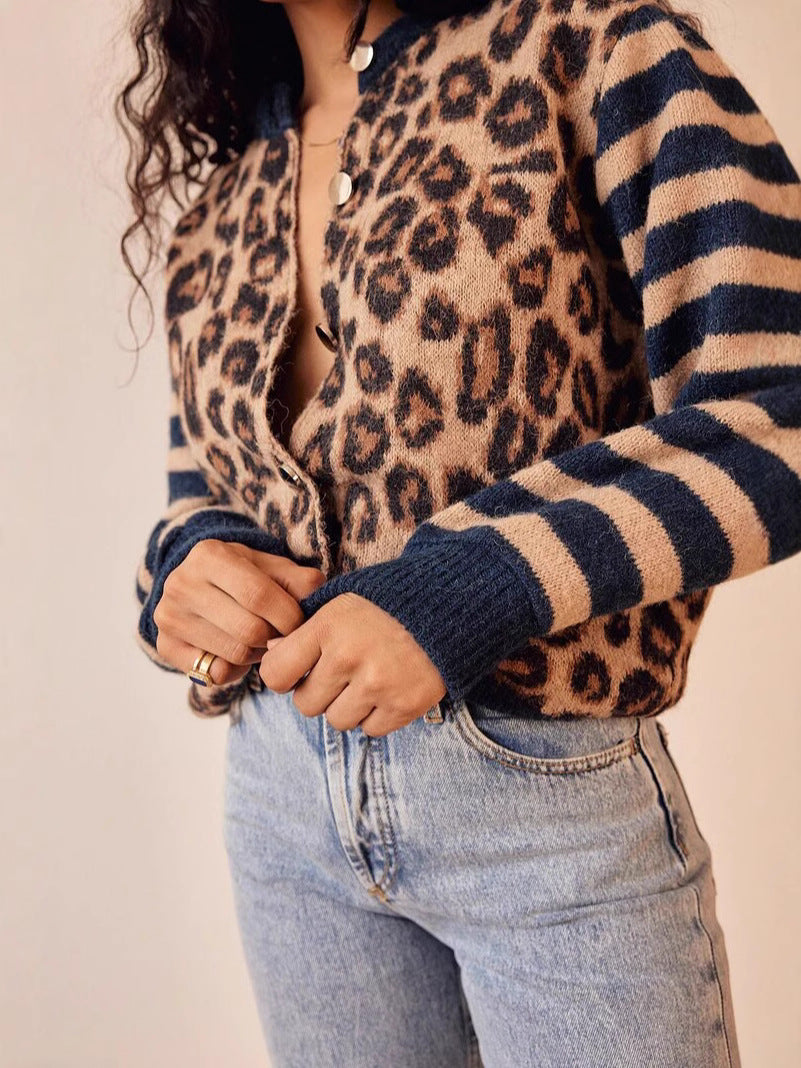 Leopard Knit Contrast Sleeve Cardigan - Blue