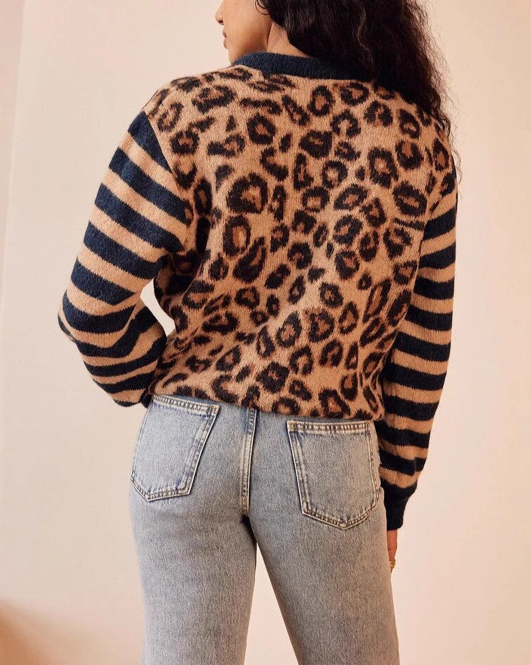 Leopard Knit Contrast Sleeve Cardigan - Blue - 1