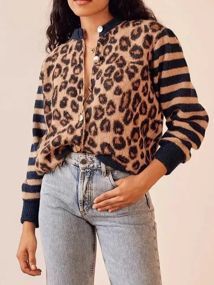 Leopard Knit Contrast Sleeve Cardigan - Blue - 2