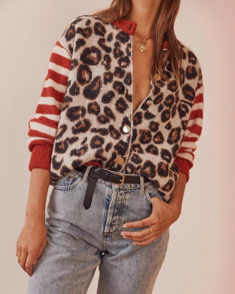 Leopard Knit Contrast Sleeve Cardigan - Red