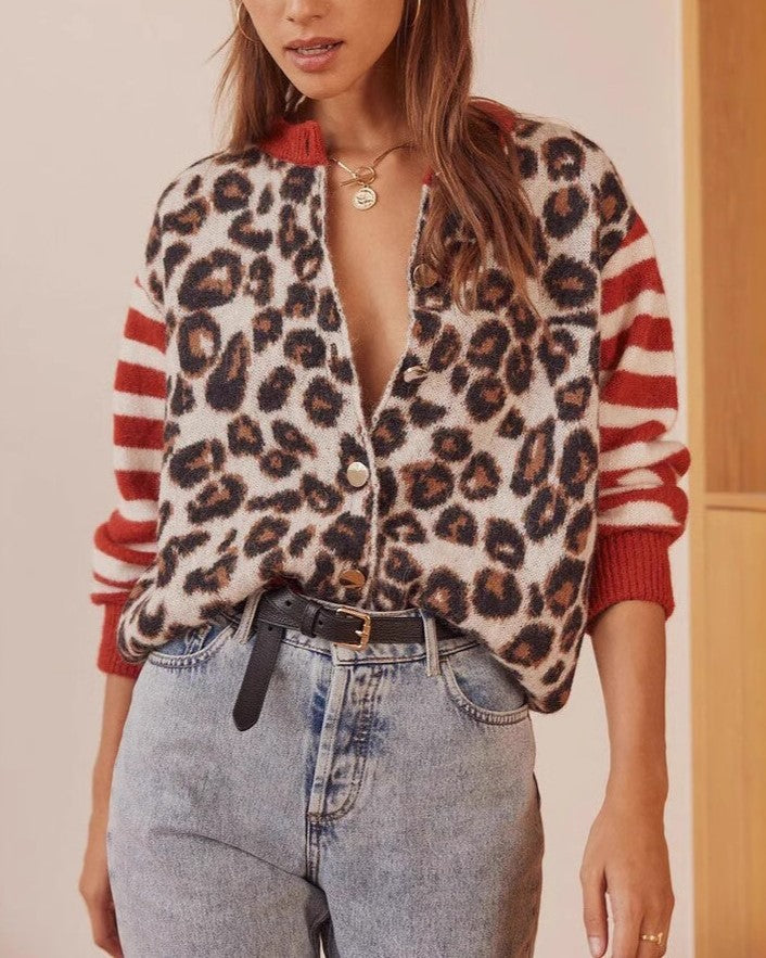 Leopard Knit Contrast Sleeve Cardigan - Red - 1