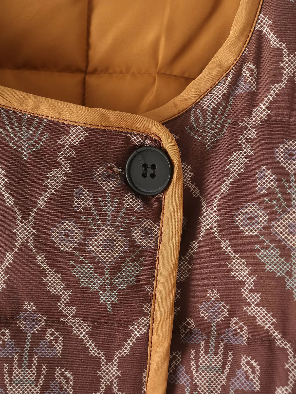 Reversible Quilted Ikat Print Padded Jacket - Brown - 2