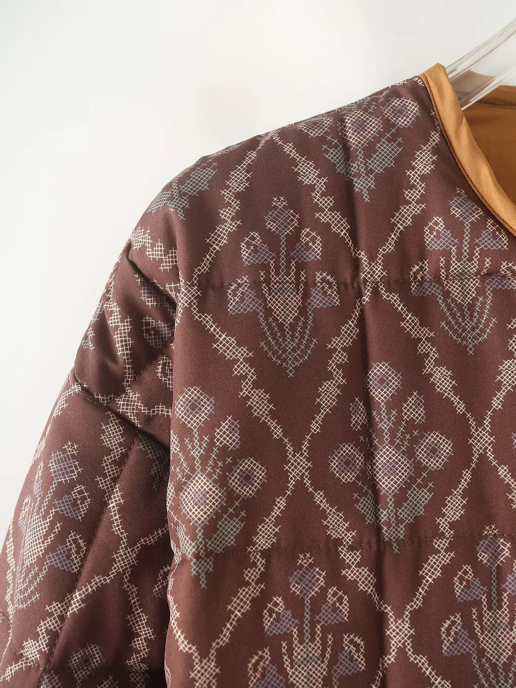 Reversible Quilted Ikat Print Padded Jacket - Brown - 7