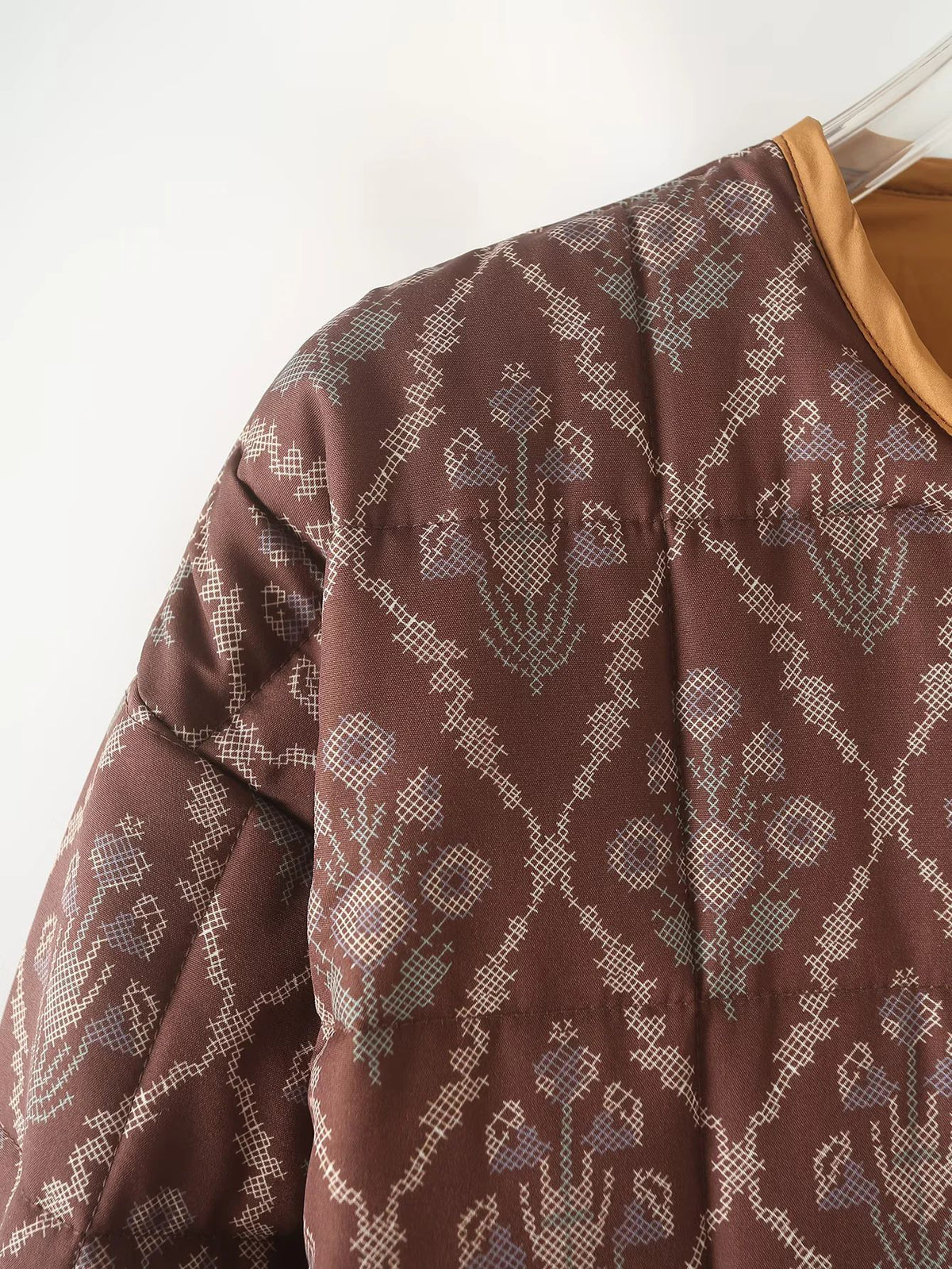 Reversible Quilted Ikat Print Padded Jacket - Brown - 7