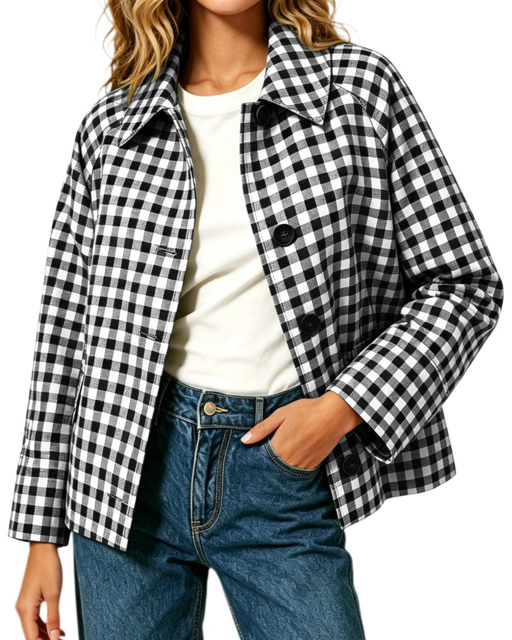 Gingham Check Button Front Jacket With Shirt Collar - Black