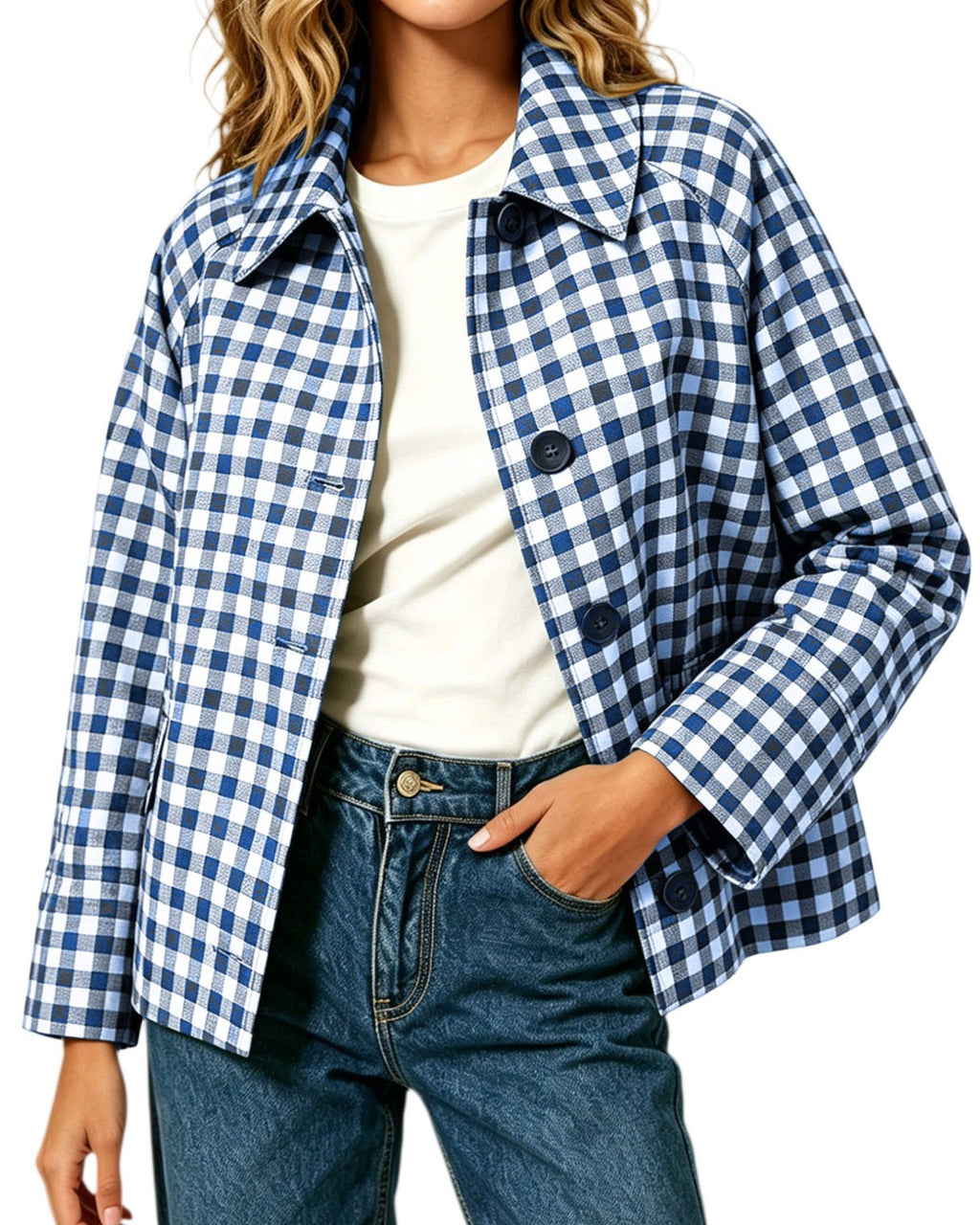 Gingham Check Button Front Jacket With Shirt Collar - Dark_Blue