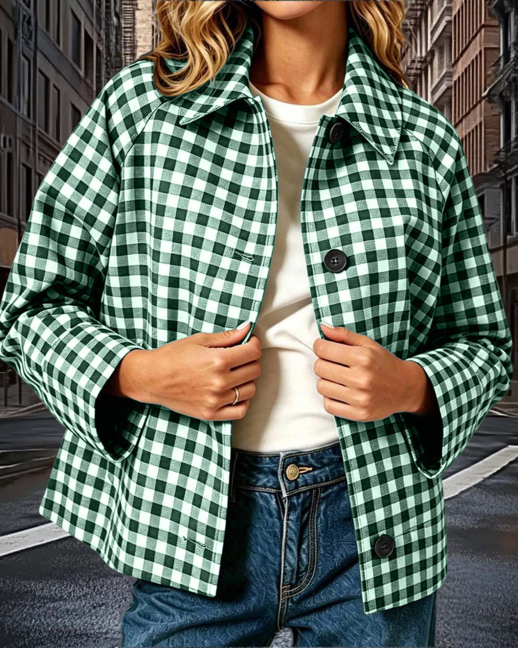 Gingham Check Button Front Jacket With Shirt Collar - Green