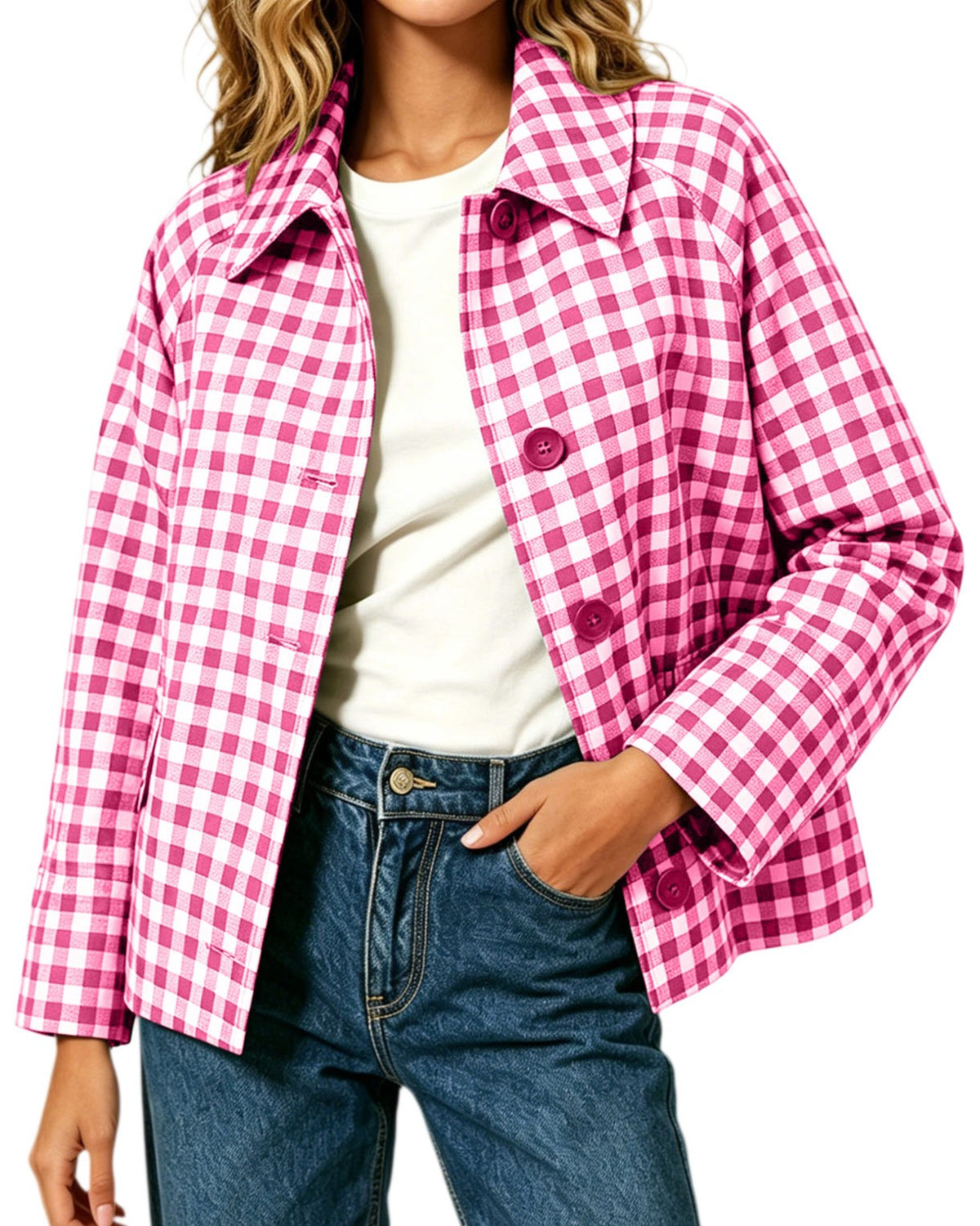 Gingham Check Button Front Jacket With Shirt Collar - Pink