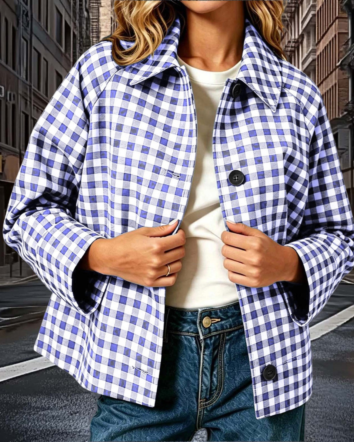 Gingham Check Button Front Jacket With Shirt Collar - Purple