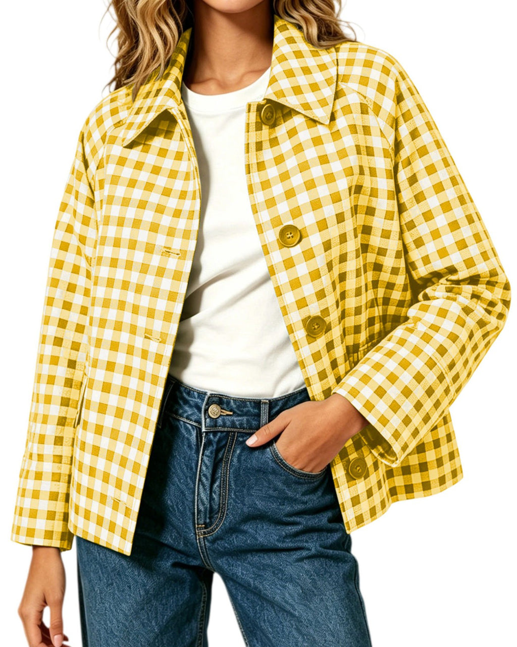 Gingham Check Button Front Jacket With Shirt Collar - Yellow