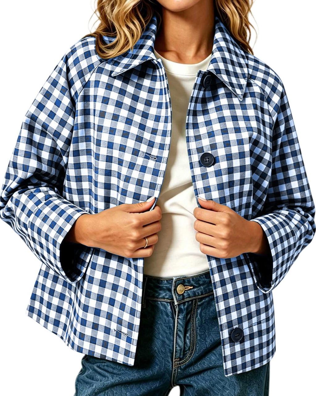 Gingham Check Button Front Jacket With Shirt Collar
