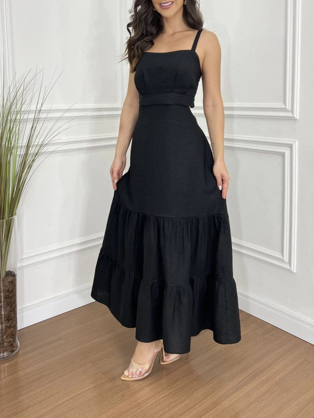 Cutout Waist Strappy Tiered Maxi Dress - black