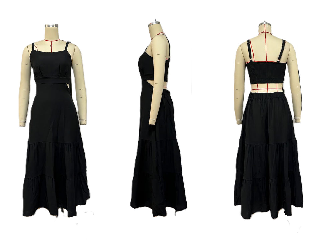 Cutout Waist Strappy Tiered Maxi Dress - black - 1