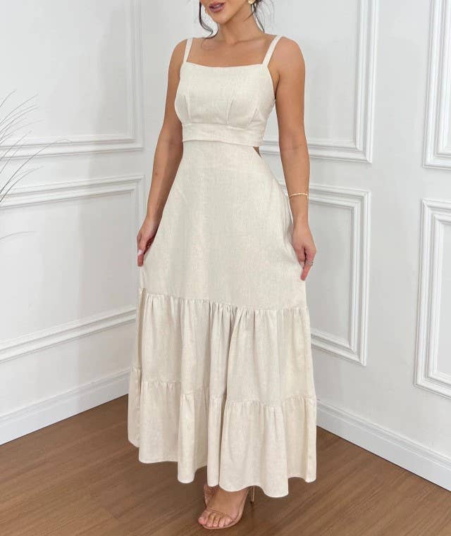Cutout Waist Strappy Tiered Maxi Dress
