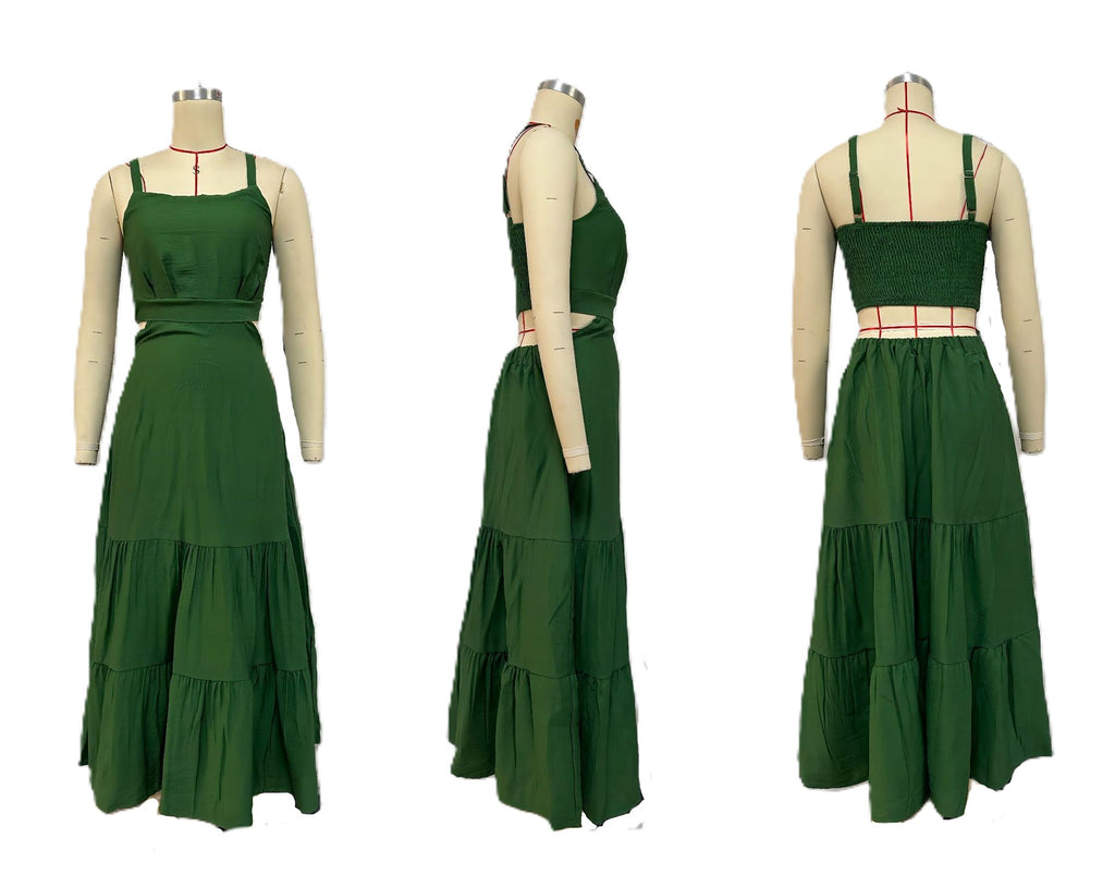 Cutout Waist Strappy Tiered Maxi Dress - green