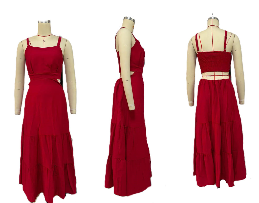 Cutout Waist Strappy Tiered Maxi Dress - red