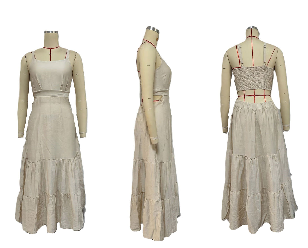 Cutout Waist Strappy Tiered Maxi Dress - white