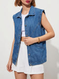 Oversized Denim Vest With Patch Pockets - Blue