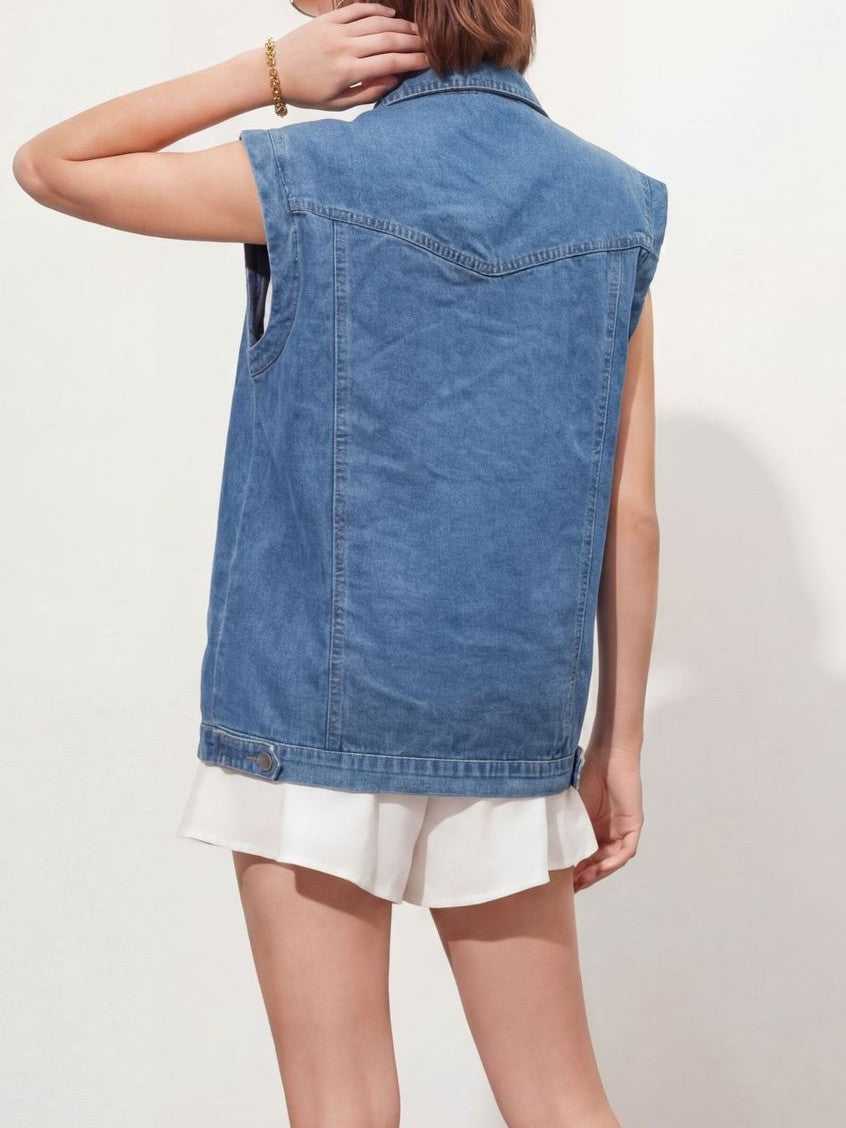 Oversized Denim Vest With Patch Pockets - view 1