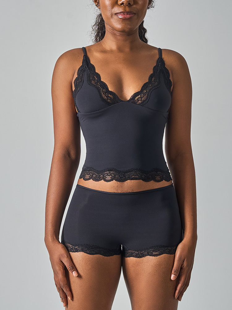 Lace Trim Cami And Boxer Short Set - Black