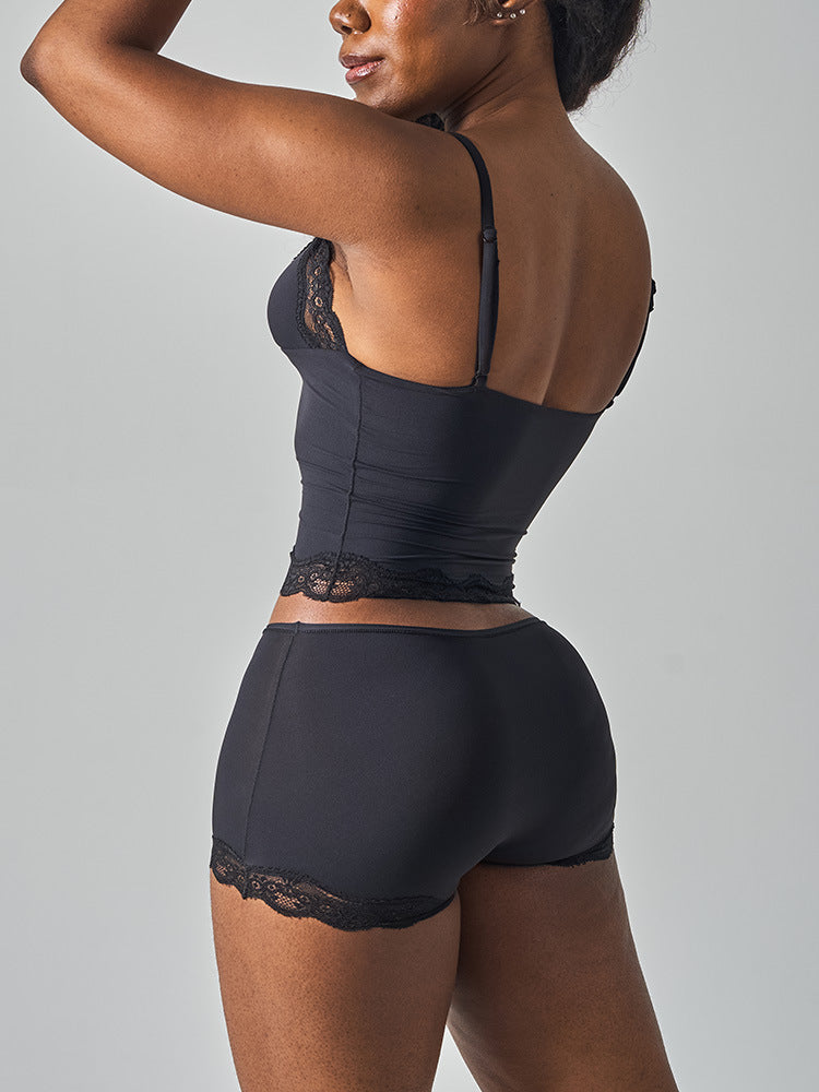 Lace Trim Cami And Boxer Short Set - Black - 1