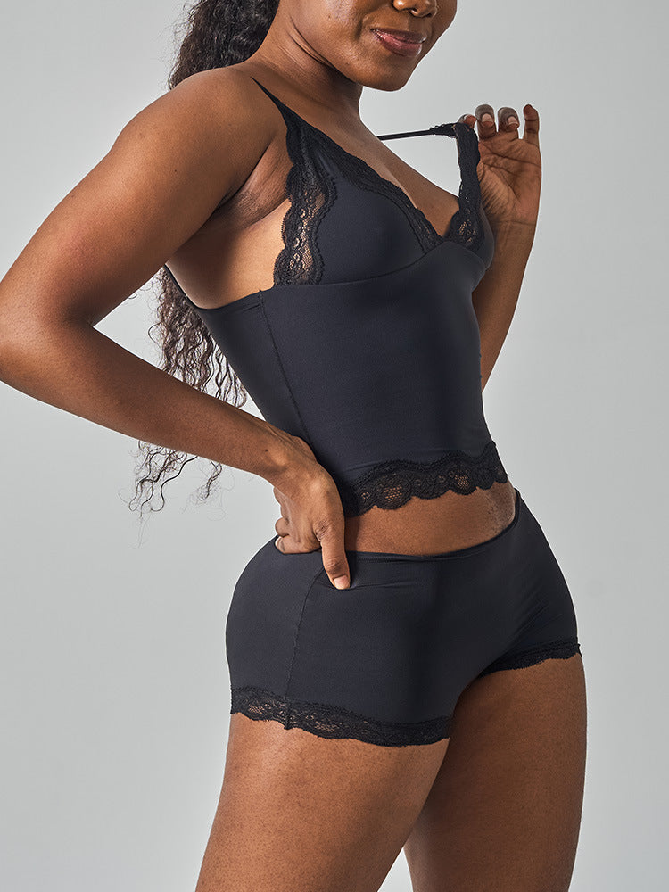Lace Trim Cami And Boxer Short Set - Black - 2