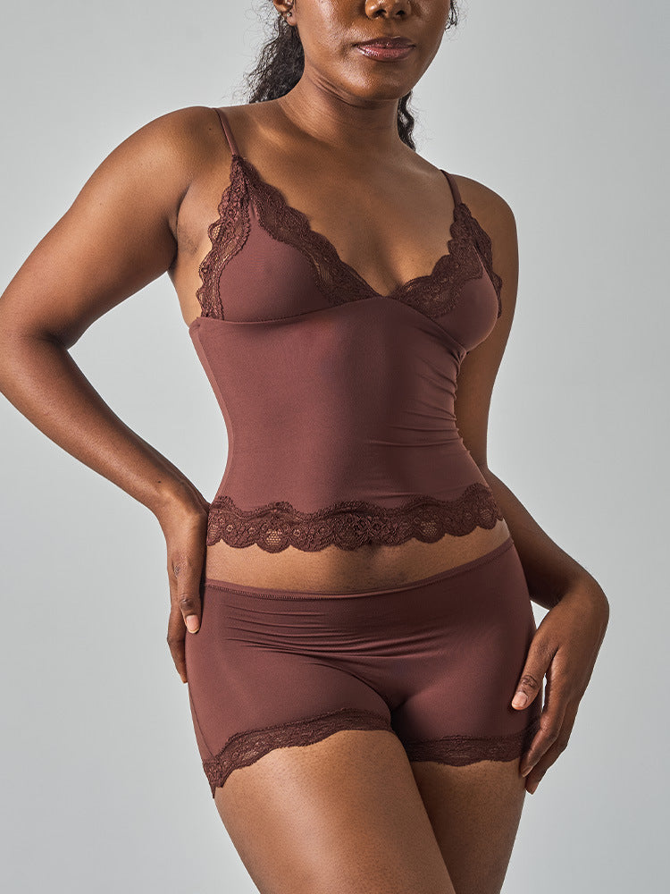 Lace Trim Cami And Boxer Short Set - Coffee