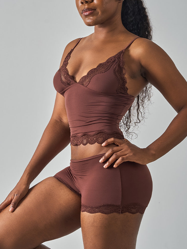 Lace Trim Cami And Boxer Short Set - Coffee - 1