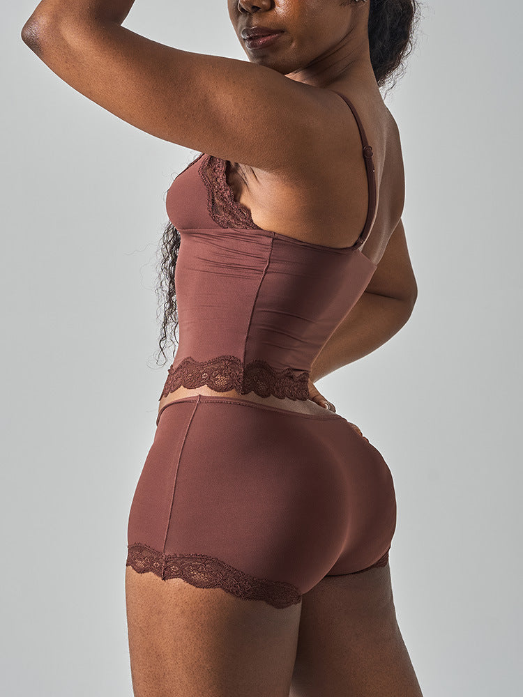 Lace Trim Cami And Boxer Short Set - Coffee - 3