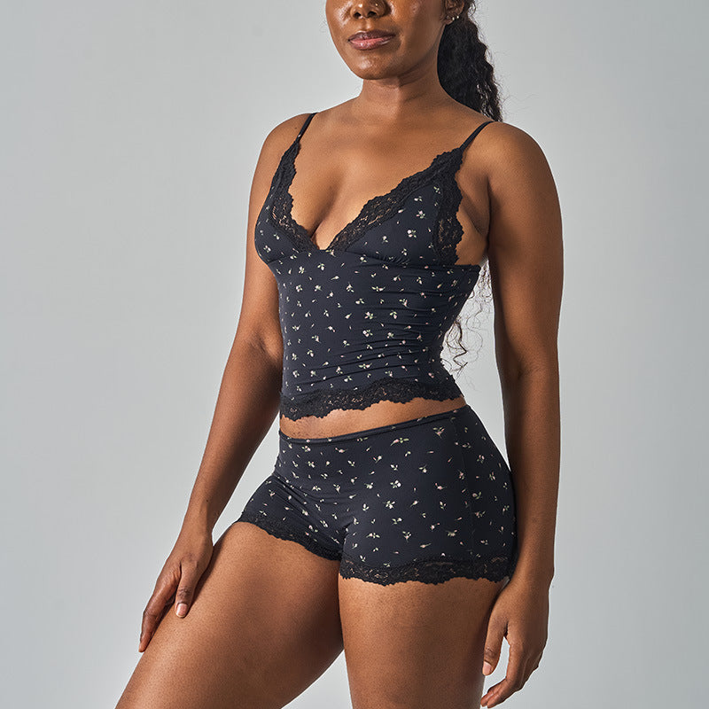Lace Trim Cami And Boxer Short Set - Floral