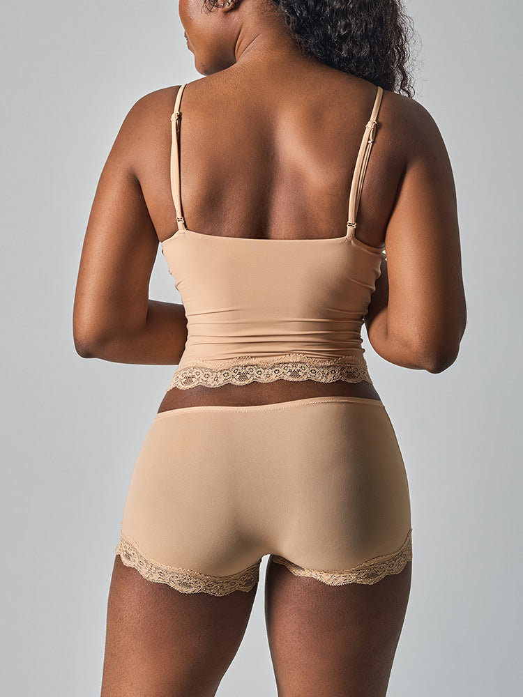Lace Trim Cami And Boxer Short Set - Nude - 2