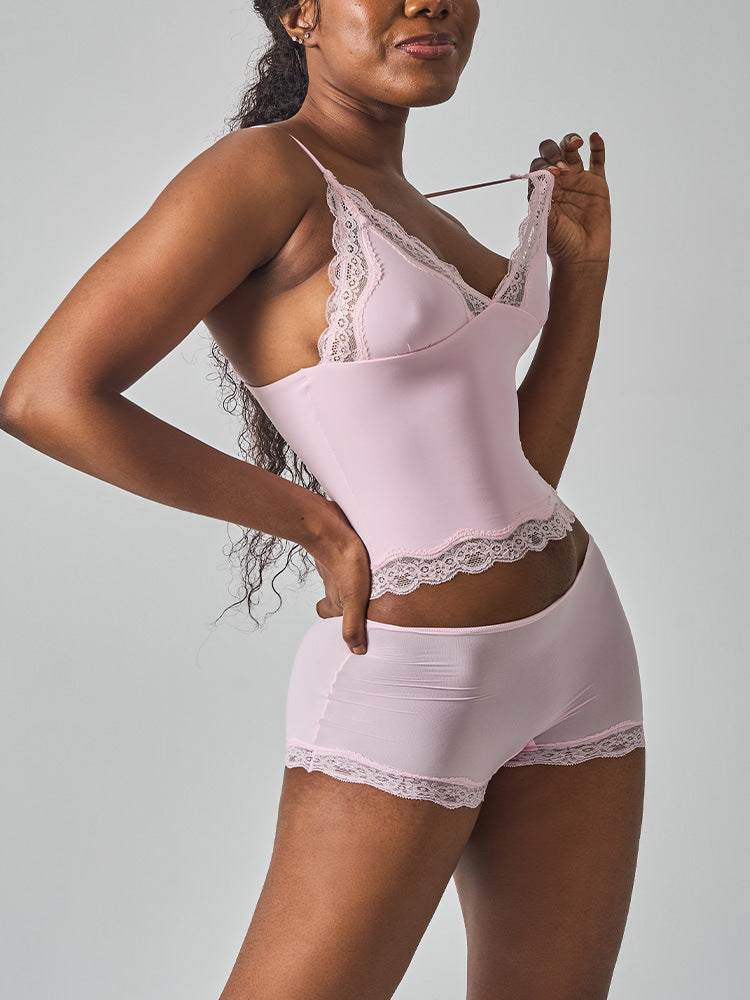 Lace Trim Cami And Boxer Short Set - Pink