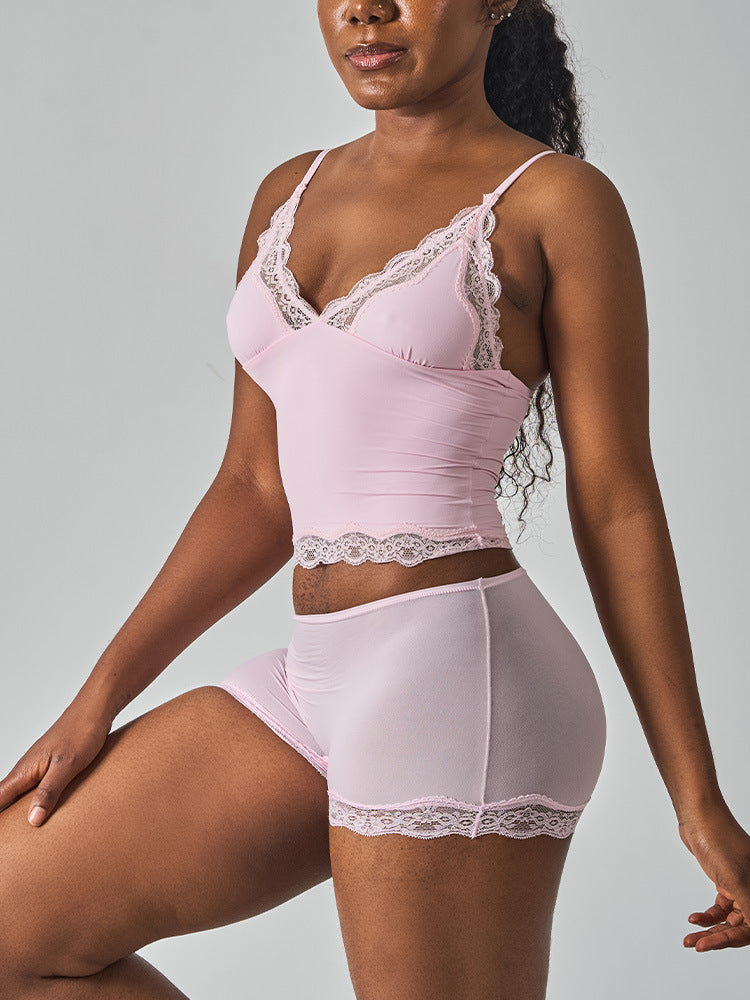 Lace Trim Cami And Boxer Short Set - Pink - 1