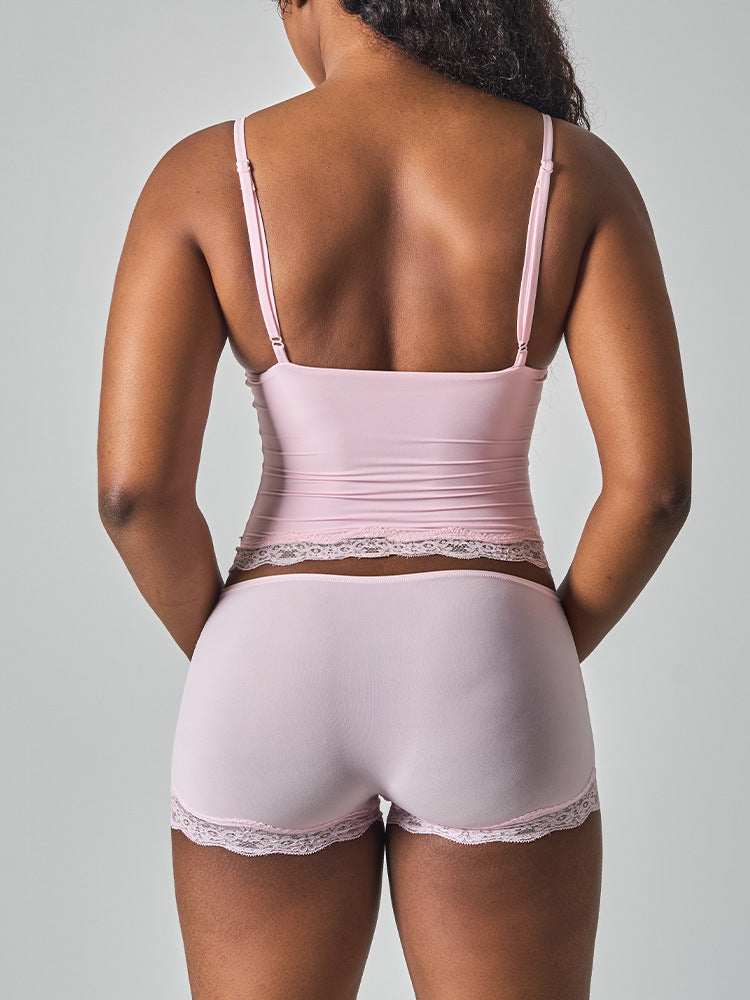Lace Trim Cami And Boxer Short Set - Pink - 3
