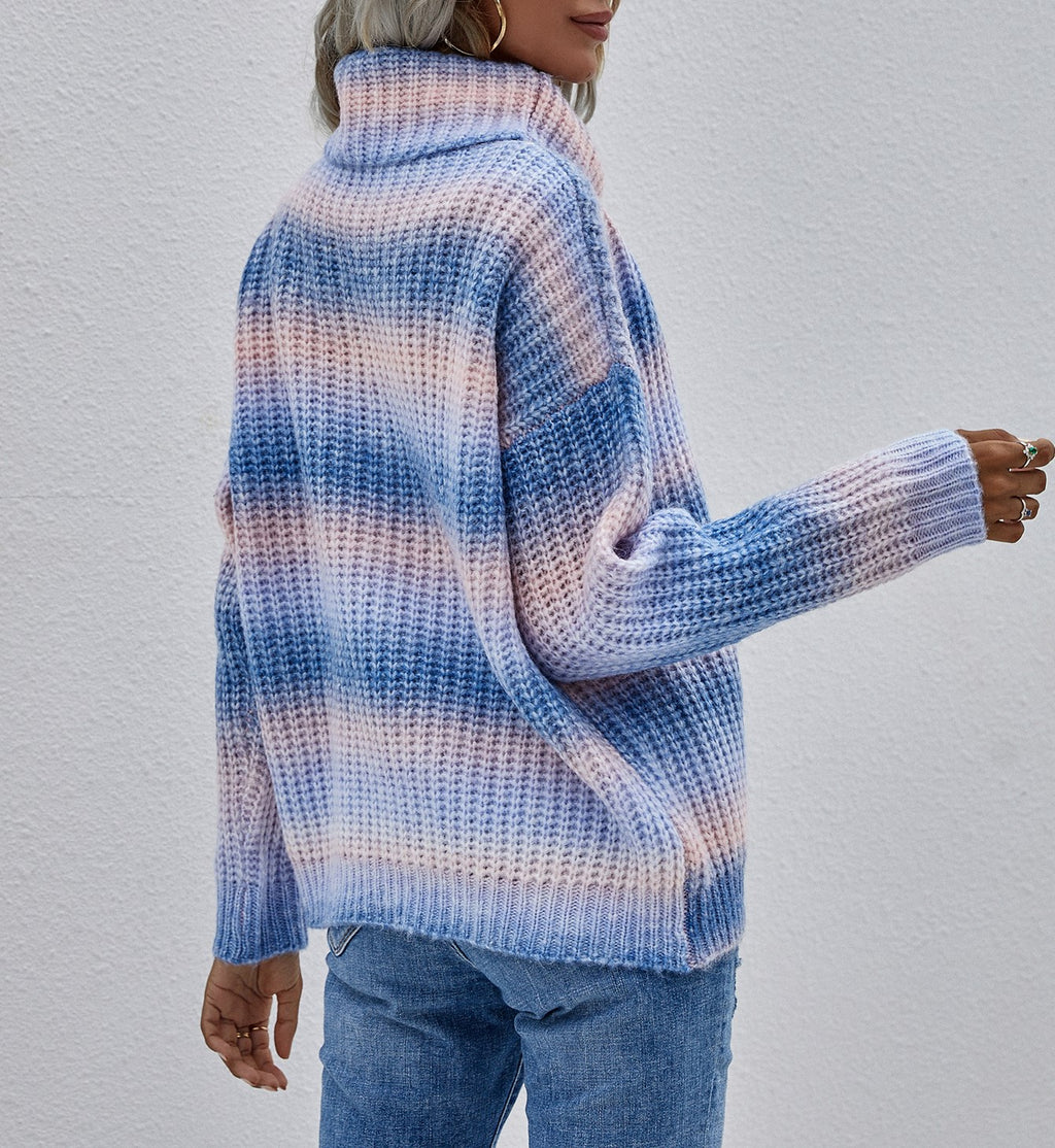 Ombre Stripe Chunky Turtleneck Sweater - Blue - 3