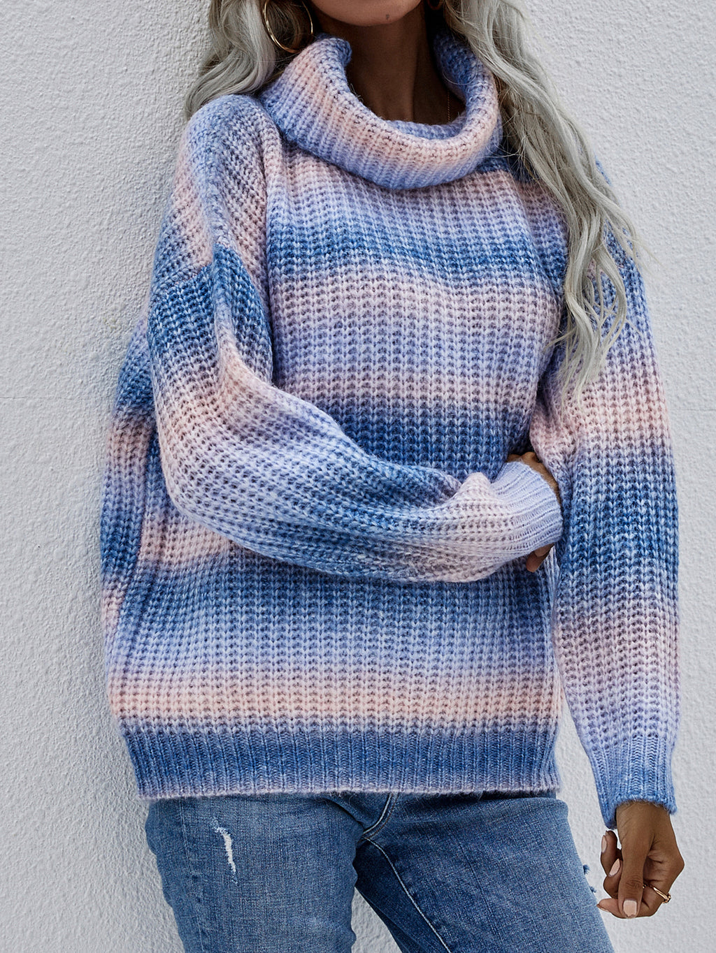Ombre Stripe Chunky Turtleneck Sweater - Blue - 4