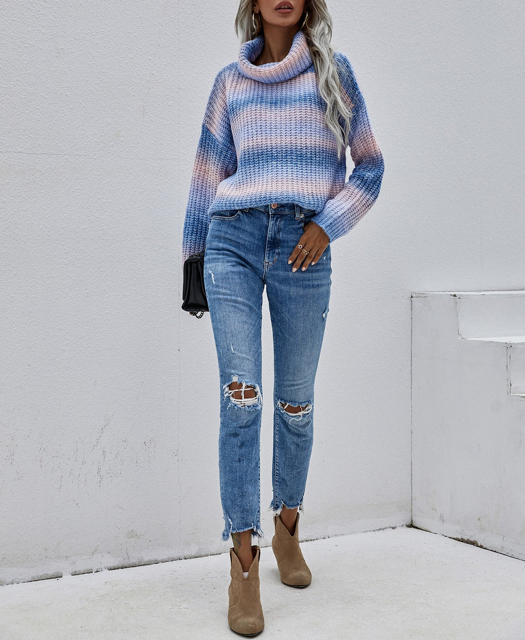 Ombre Stripe Chunky Turtleneck Sweater - Blue - 5