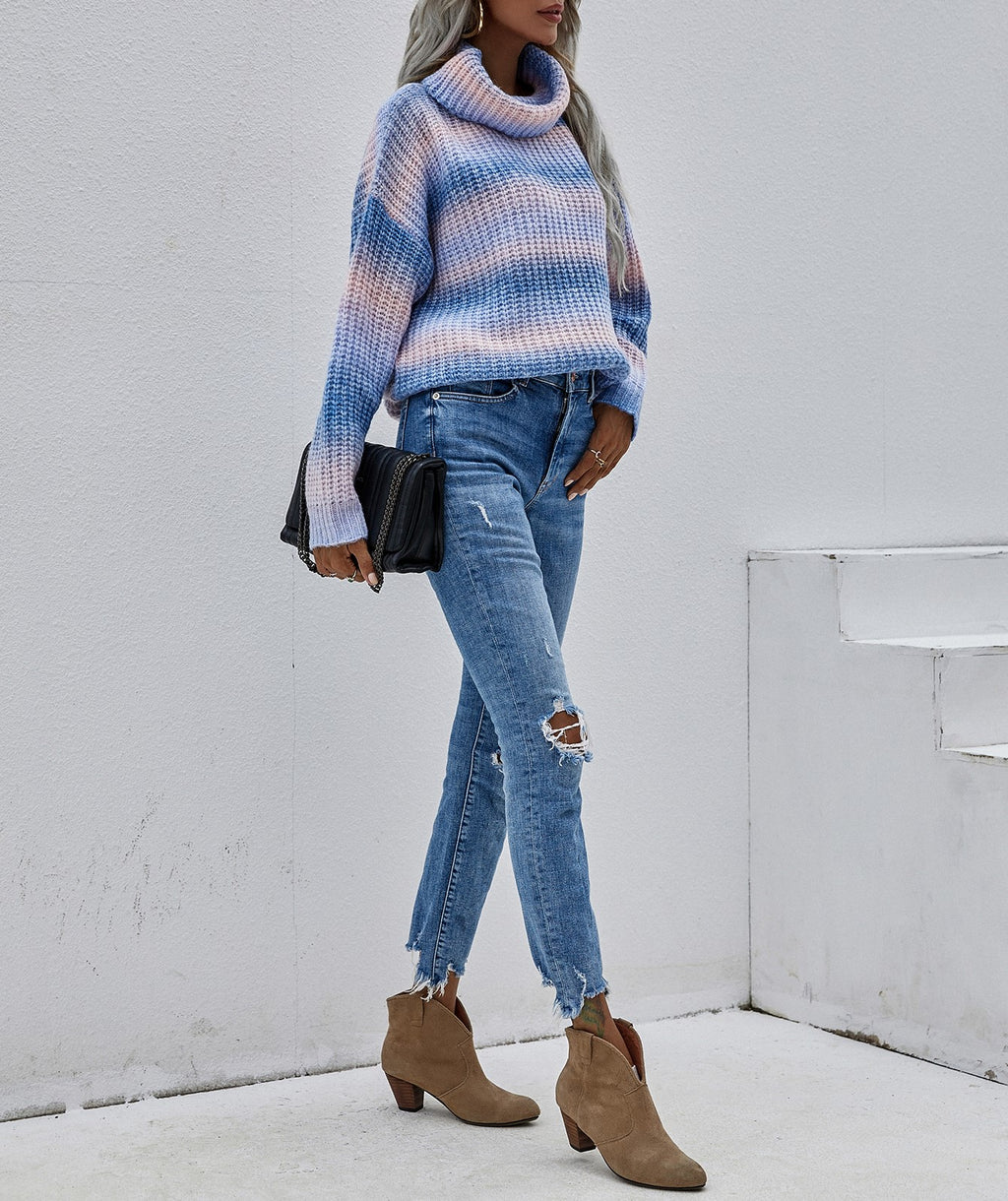 Ombre Stripe Chunky Turtleneck Sweater - Blue - 6