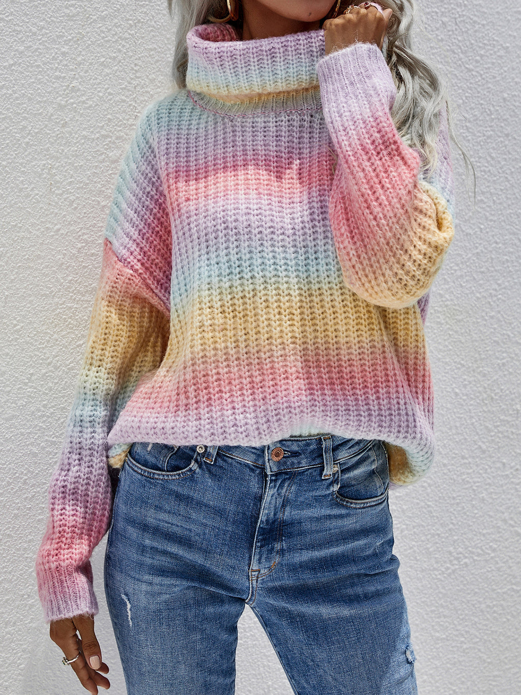 Ombre Stripe Chunky Turtleneck Sweater - Rainbow