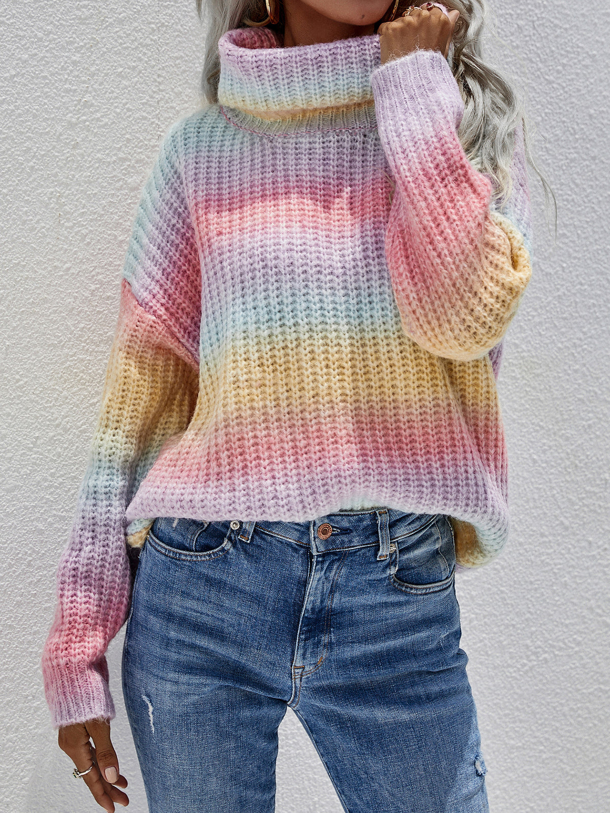 Ombre Stripe Chunky Turtleneck Sweater - Rainbow