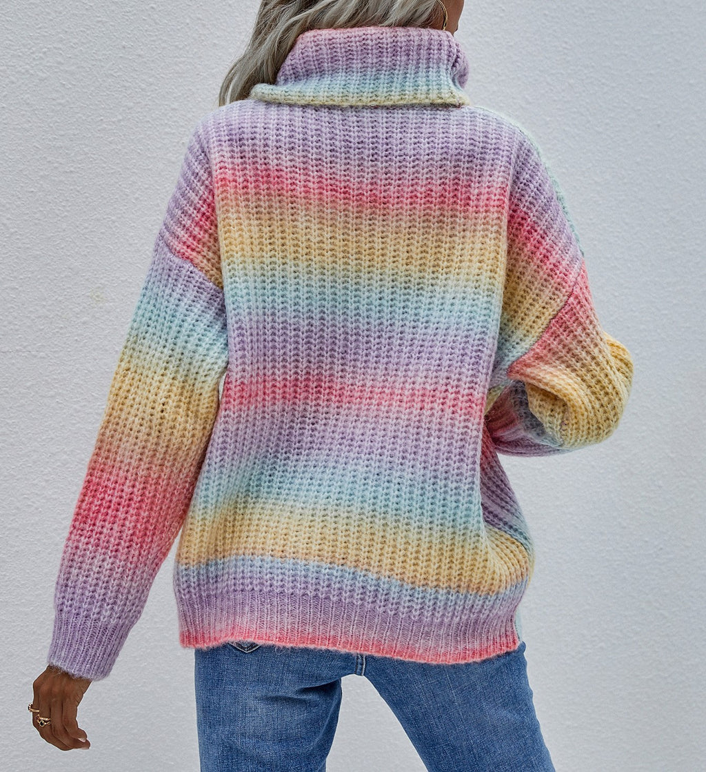 Ombre Stripe Chunky Turtleneck Sweater - Rainbow - 3