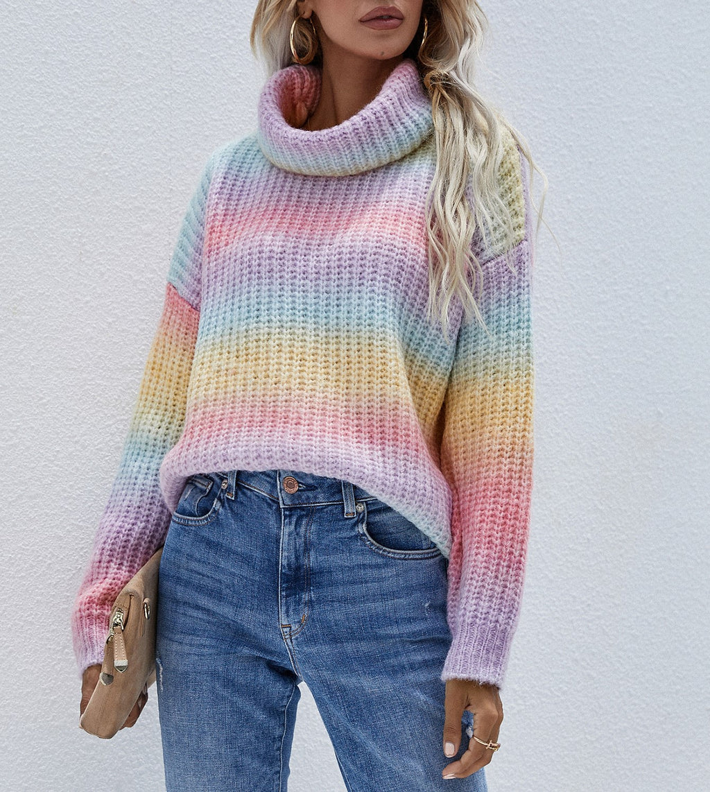 Ombre Stripe Chunky Turtleneck Sweater - Rainbow - 5