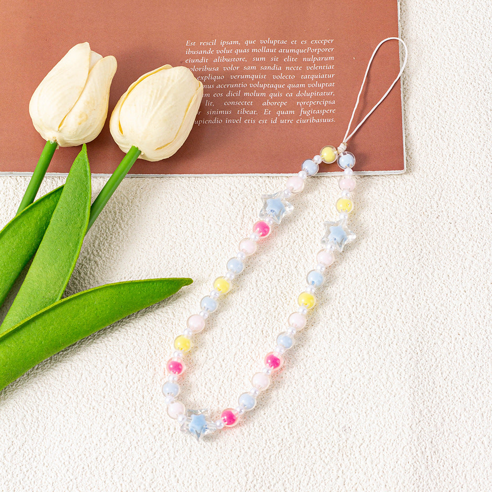 Star and Flower Beaded Phone Wrist Strap - LightBlue