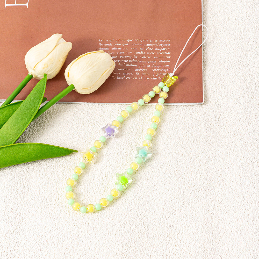Star and Flower Beaded Phone Wrist Strap - Yellow