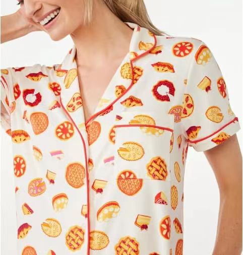 Novelty Print Camp Collar Pajama Set - Pie