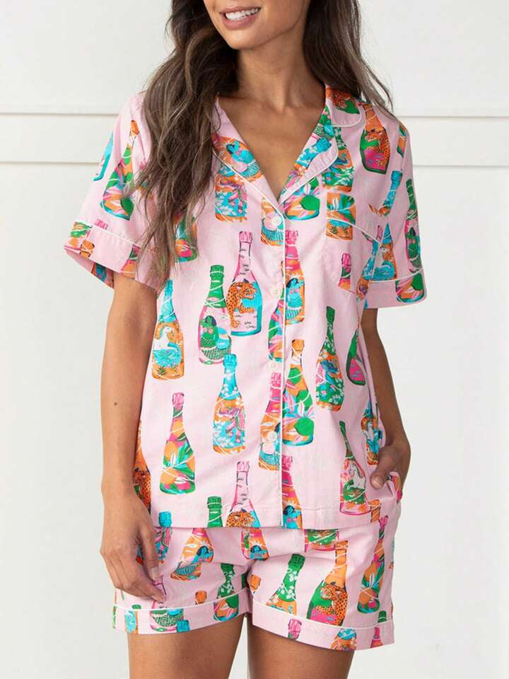 Novelty Print Camp Collar Pajama Set - Winebottle