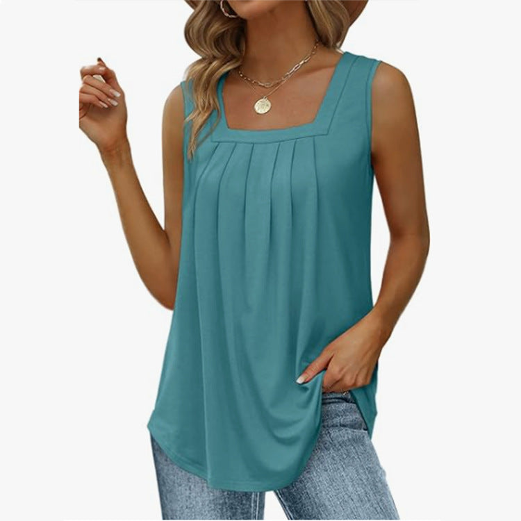 Flowy Pleat Front Curved Hem Tank - Blue_Green