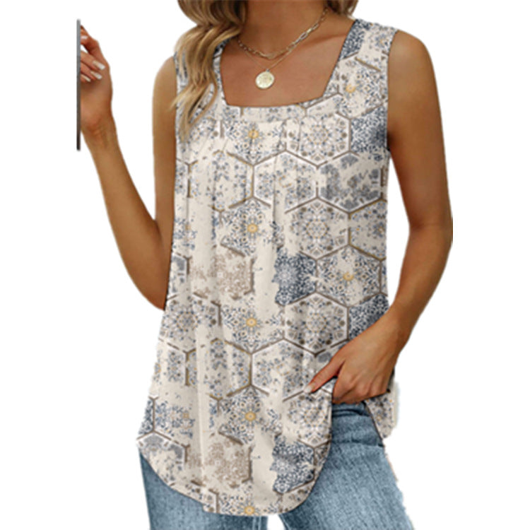 Flowy Pleat Front Curved Hem Tank - Blue_Grey