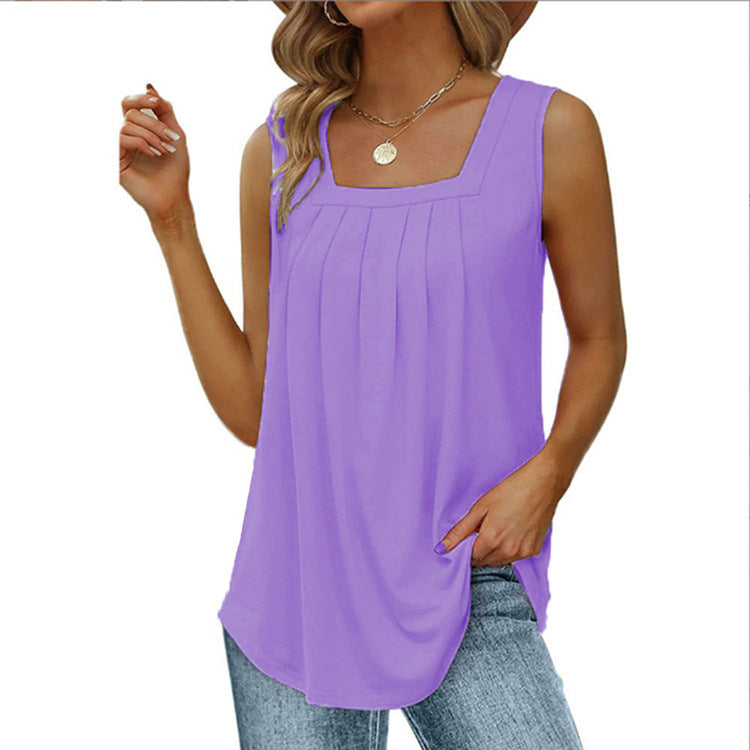 Flowy Pleat Front Curved Hem Tank - Purple