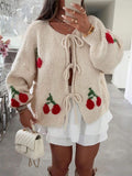 Cherry Motif Tie Front Chunky Cardigan - Apricot